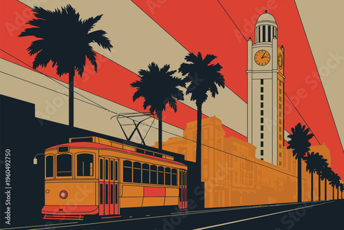 Historic street scene, retro illustration, Art Deco clock tower, vintage trolley car, palm tree silhouettes, red beige orange color palette, 1920s 1930s style