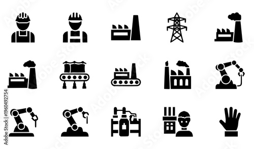 Industrial Manufacturing Icon Set Flat Vector Factory Robotics Construction Collection