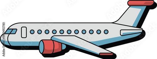 Passenger airplane, 2D cartoon illustration, white fuselage red accents, blue wingtips, side view, minimalist design, clean digital vector art