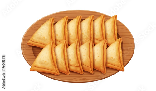 A vector illustration of samosas on a wooden plate