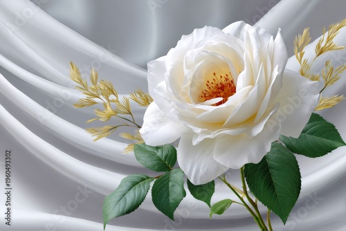 White rose blooming on elegant silk background