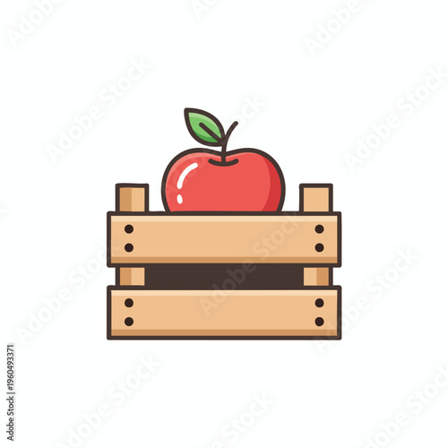 A single red apple with a green leaf sits atop an open wooden crate