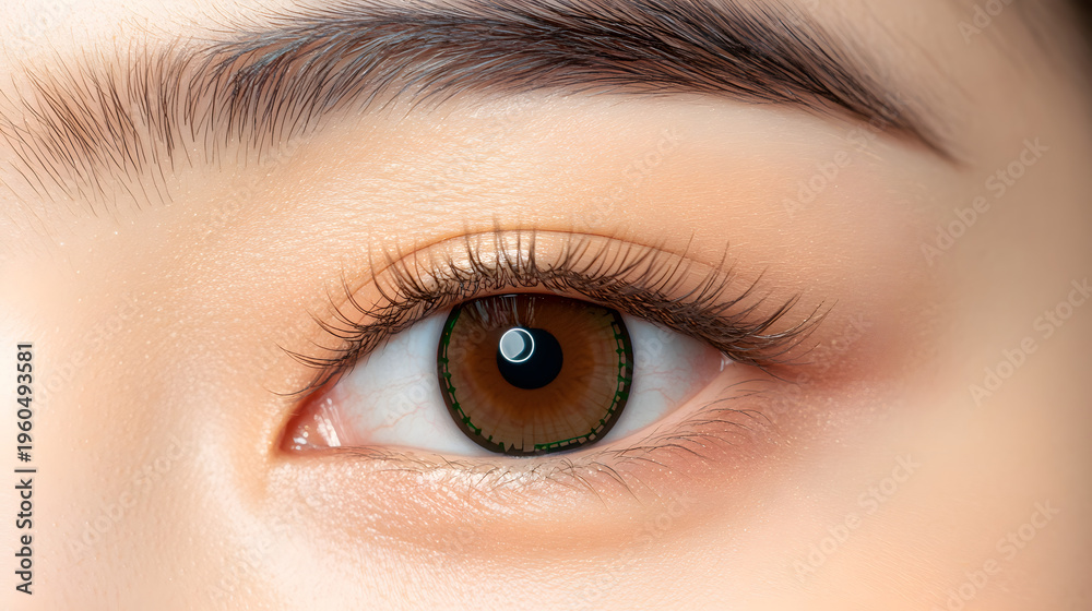Fototapeta premium Macro eye digital iris brown eye cyber eye human eye technology closeup female beauty eyelash eyebrow skin contact lens biometric sci fi futuristic innovation enhancement detail vision pupil lens