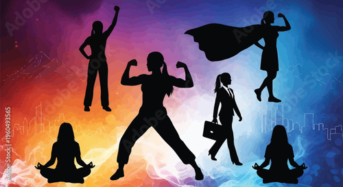 Collection of diverse female silhouettes representing strength empowerment wellness and professional achievement