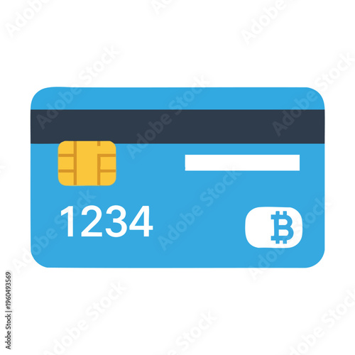 A blue debit card with a magnetic stripe, chip, and Bitcoin logo on white
