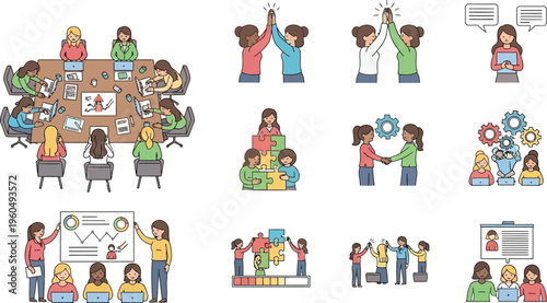 Collection of diverse businesswomen collaborating on projects illustrating teamwork communication and professional achievement icons