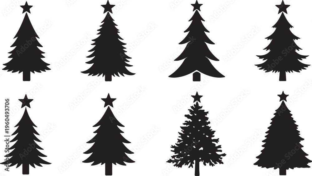 Obraz premium Minimalist black silhouettes of various Christmas trees topped with stars, ideal for festive holiday branding and winter decor.