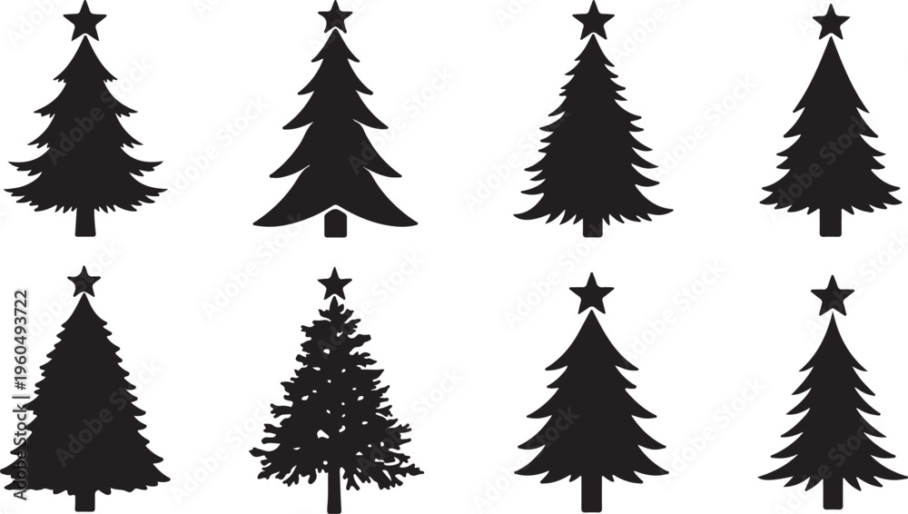 Obraz premium Minimalist black silhouettes of various Christmas trees topped with stars, ideal for festive holiday branding and winter decor.
