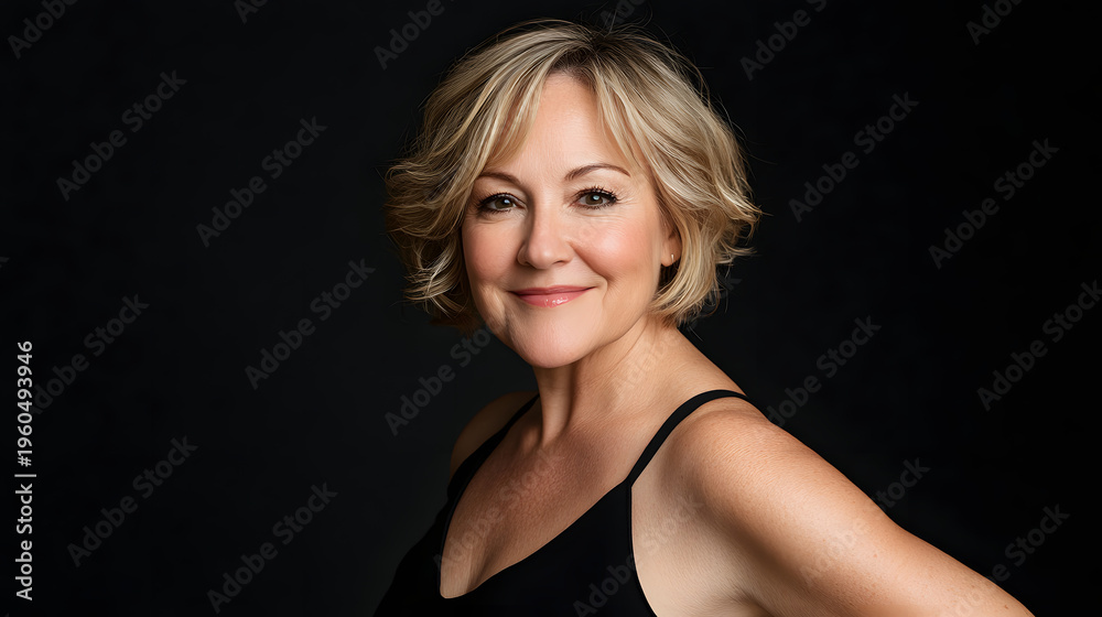 Fototapeta premium Confident middle aged woman portrait beauty smile studio female adult blond hair black background glamour happiness positive elegance casual tank top hairstyle makeup healthy lifestyle cheerful