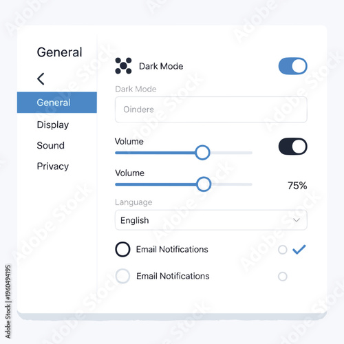 Digital settings interface dark mode toggle, volume sliders, language choice, and email notifications
