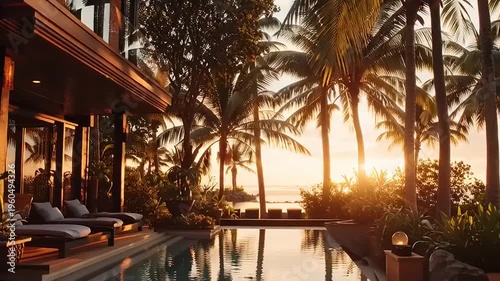 Sunset scene of a luxurious poolside resort with palm trees and a serene atmosphere by the ocean
