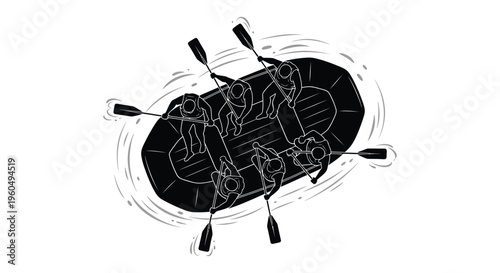 A top down view depicts a raft with multiple rowers navigating water presented as a striking silhouette