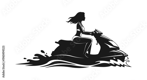 A dynamic image depicts a woman riding a jet ski across waves rendered as a striking silhouette