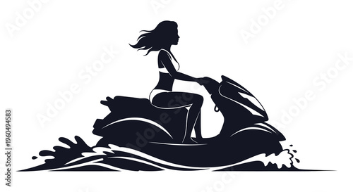 A dynamic illustration depicts a woman joyfully riding a jet ski across splashing waves a striking silhouette