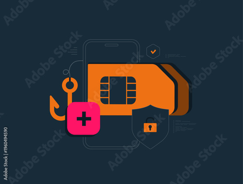 Sim swapping attack fraud mobile security. Sim-card swap fraud reroute mobile numbers through weak carrier checks to seize accounts and steal data across exposed services vector illustration