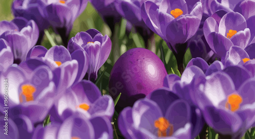 A speckled purple Easter egg gently nestled among a field of blooming purple crocuses, symbolizing the arrival of spring and festive holidays.