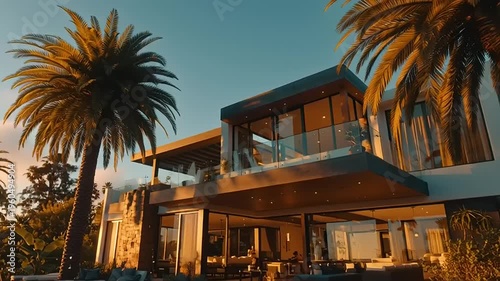 Modern house with large balcony and palm trees at sunset
