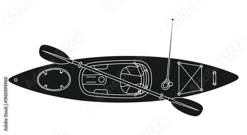 A top down view of a black kayak and paddle showcasing its design and features silhouette high quality