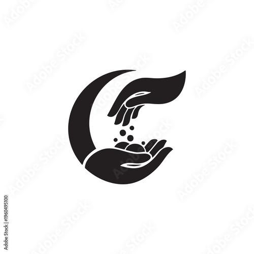 Hands giving zakat or charity with crescent moon motif