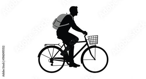 A man rides a classic bicycle with a basket viewed from the side in black silhouette high quality