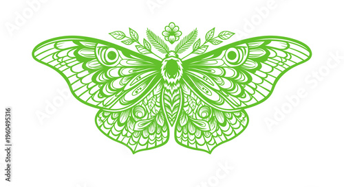 Intricate Green Moth Illustration with Floral Elements on White Background