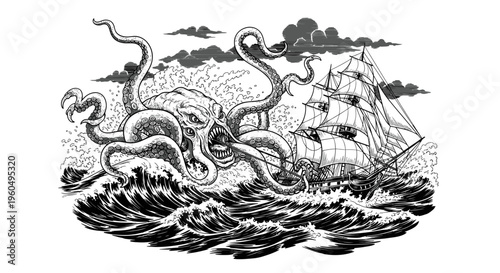 Kraken attacking sailing ship in stormy sea, vintage illustration