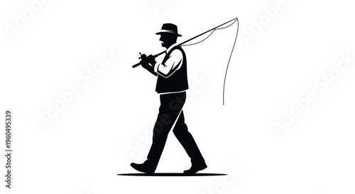 A fisherman walks with a fishing rod over his shoulder depicted in a striking black silhouette high quality