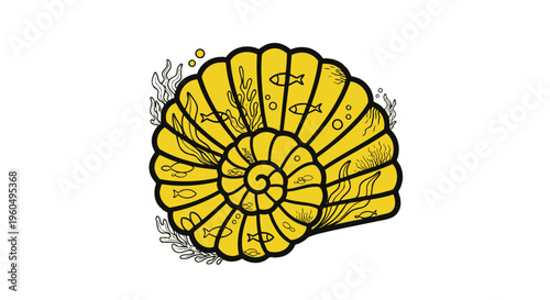 Yellow Nautilus Shell with Tiny Fish and Seaweed Illustration on White Background