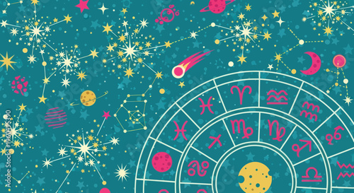 Zodiac Constellations and Astrology Symbols on Teal Starry Night Background
