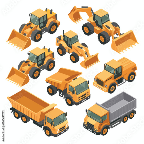 Isometric Construction Vehicles Set (Wheel Loaders & Trucks) – Vector 3D Style