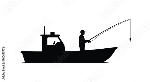 A solitary fisherman casts a line from a small boat against a plain white background a striking silhouette