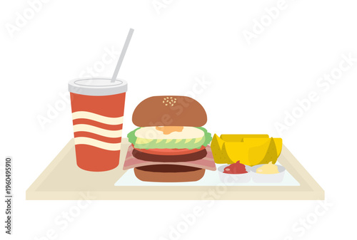 具沢山のハンバーガーとジュースとくし切りの不連理フライのセット