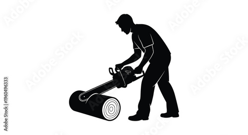 A man operates a chainsaw while standing near a large log depicted in a stark silhouette high quality