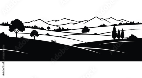 A striking landscape depiction featuring rolling hills distant mountains and sparse trees in silhouette high quality professional detailed
