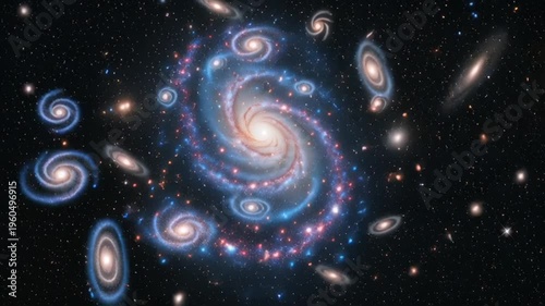 vibrant galaxy cluster with spiral galaxies and stars in deep space