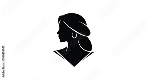 A striking black silhouette depicts a woman in profile wearing a hat and earring silhouette high quality professional