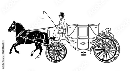 Horse-drawn carriage with driver and passenger, vintage transport, classic transportation illustration