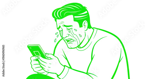 Man Crying Over Smartphone Screen, Emotional Distress From Digital Communication