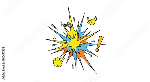 Explosion of Colors and Shapes with a Surprise Chicken and Glasses A Whimsical Graphic Element