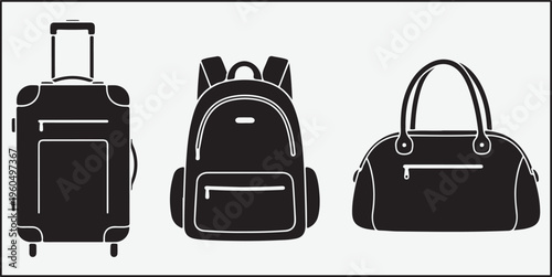 Luggage silhouette collection suitcase backpack and duffel bag vector icon set