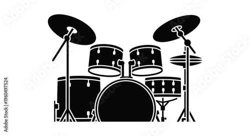 A striking black depiction of a complete drum kit showcasing musical instruments in a bold silhouette high quality