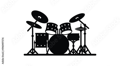 A striking black silhouette depicts a complete drum set showcasing musical instruments and rhythm silhouette high quality professional