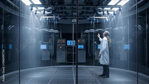 Scientist analyzing data in high-tech server room with futuristic lighting
