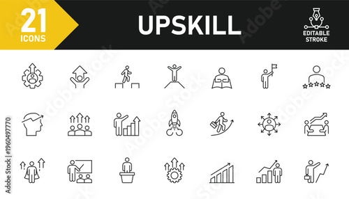 Upskill line icon set. Set of 21 outline icons related to upskilling, personal development, leadership training, selof improvement, professional career and others. Editable stroke. Vector illustration
