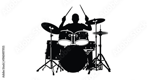 A striking black silhouette of a drummer playing a full drum kit with cymbals and pedals silhouette