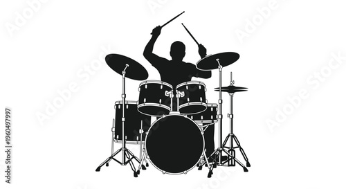 A dynamic depiction of a drummer playing a full drum kit rendered as a striking black silhouette