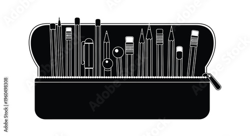 An open black pencil case is filled with various writing and drawing tools presented as a silhouette