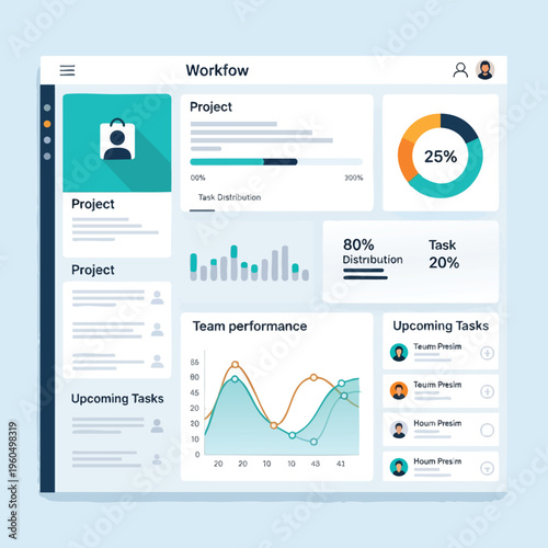Workflow dashboard with project status, task distribution, team performance, and upcoming tasks