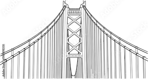 A black and white drawing of a suspension bridge