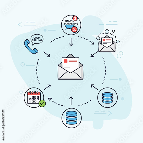 Digital marketing process flowchart with email, cold calling, calendar, and database icons